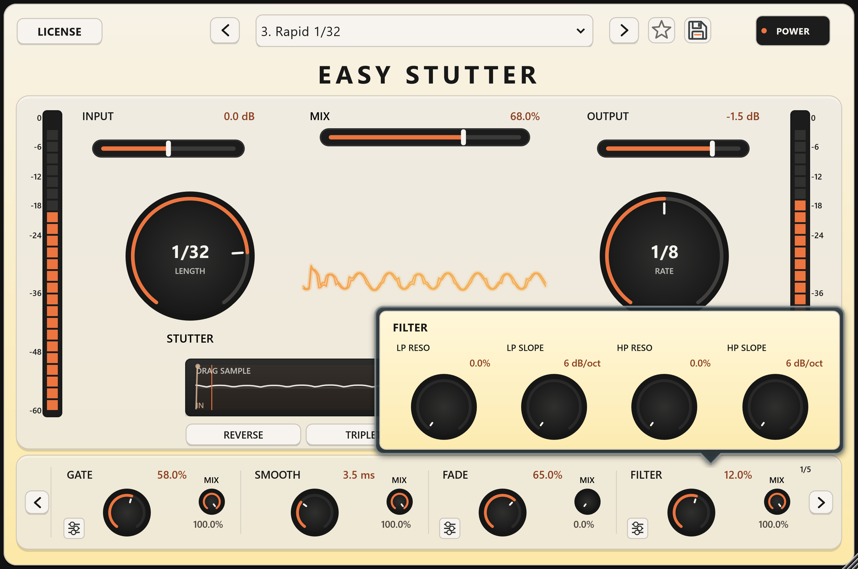Easy Stutter filter controls with Rapid 1/32 preset